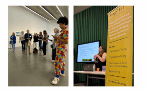two images in one, one of the training with a tv and speaker, and another with a group in a semi circle holding phones for a live subtitled tour. 